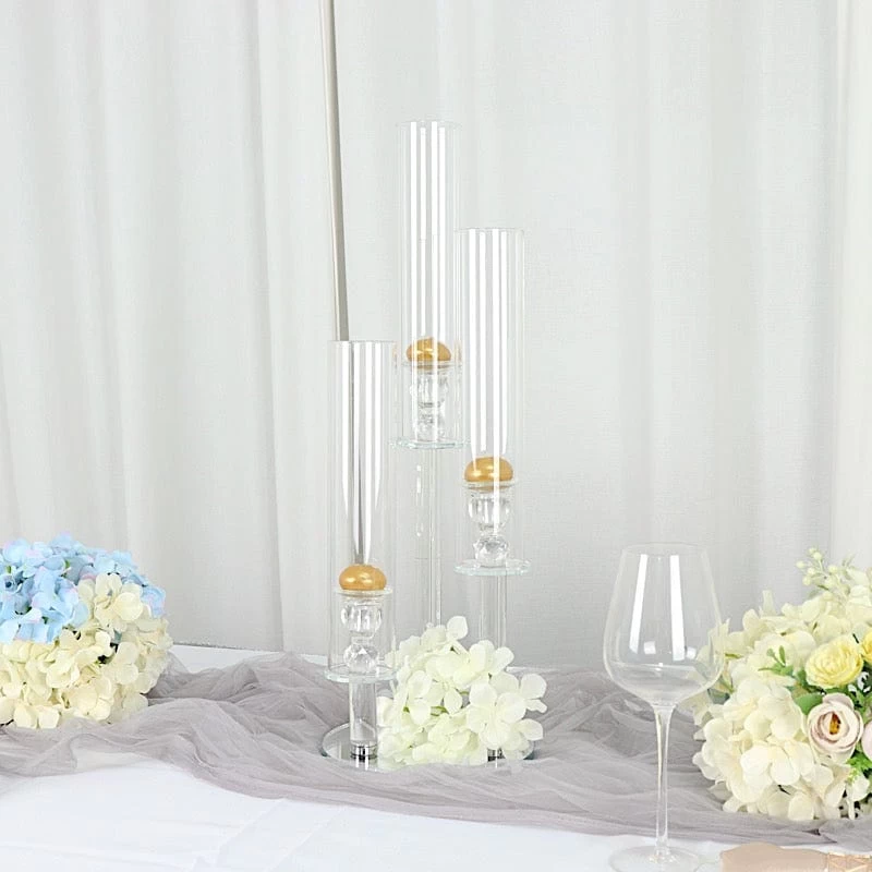23 In Tall Clear 3 Arm Round Crystal Glass Candelabra Taper Candle Holder - Image 3