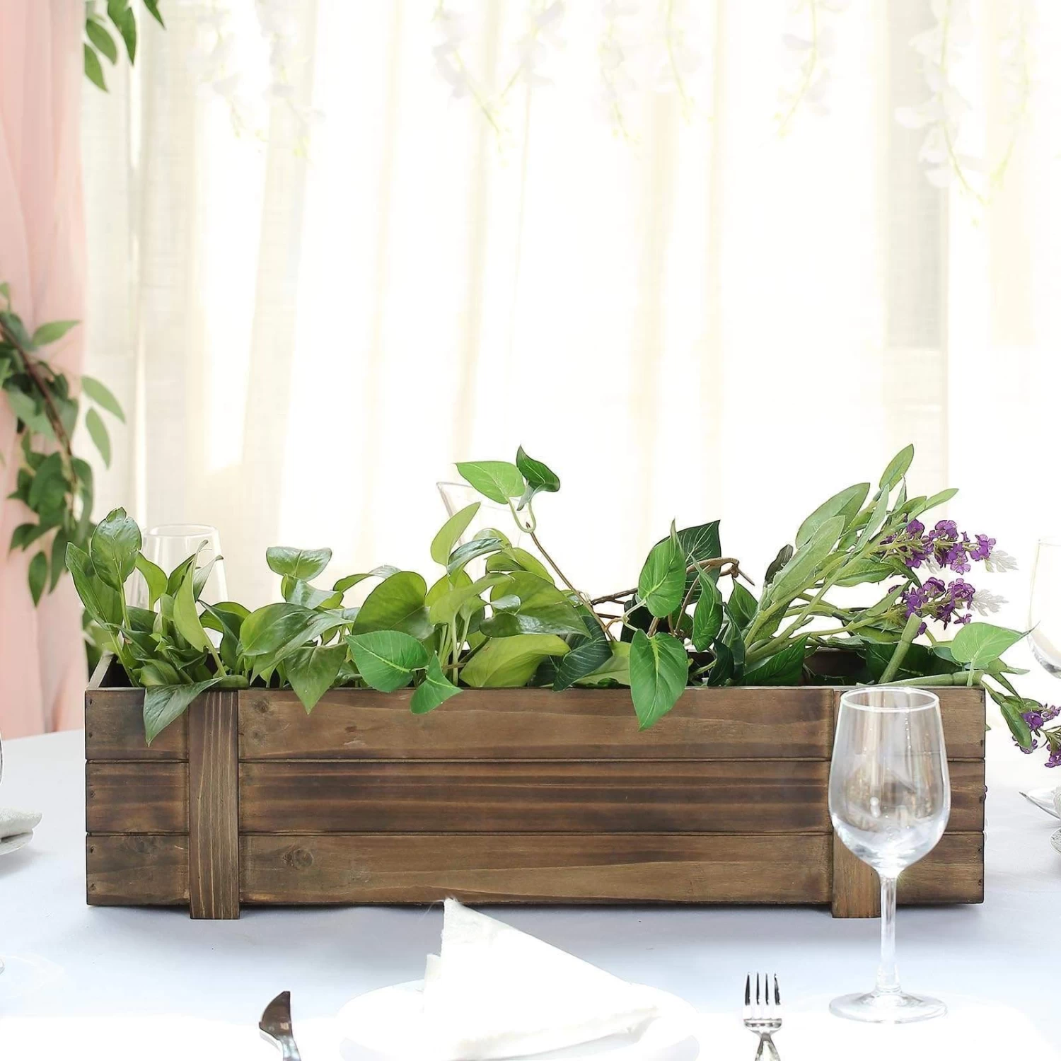 24x6 In Dark Brown Wood Rustic Rectangular Boxes Planter Holders Centerpieces - Image 5