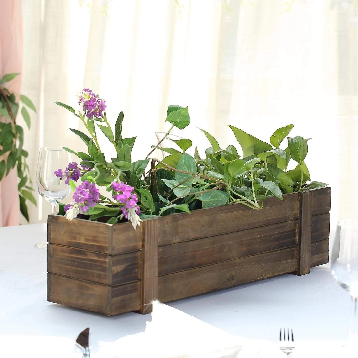 24x6 In Dark Brown Wood Rustic Rectangular Boxes Planter Holders Centerpieces - Image 3