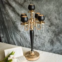 25" Tall Gold And Black Metallic Votive Candle Holders With Crystal Accents