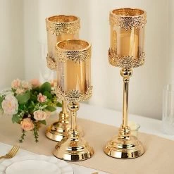 3 Antique Gold Metal With Lacy Trim Glass Votive Candle Holders Centerpieces