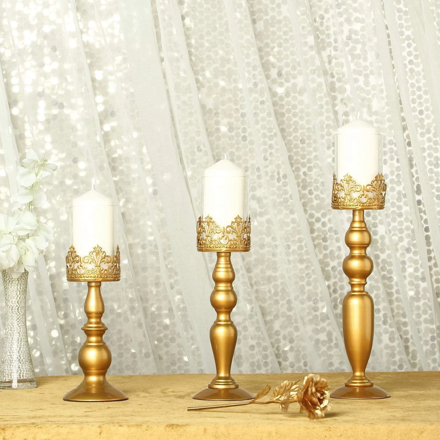 3 Gold 12 14 17 In Tall Metal With Lacy Trim Glass Candle Holders Centerpieces - Image 2