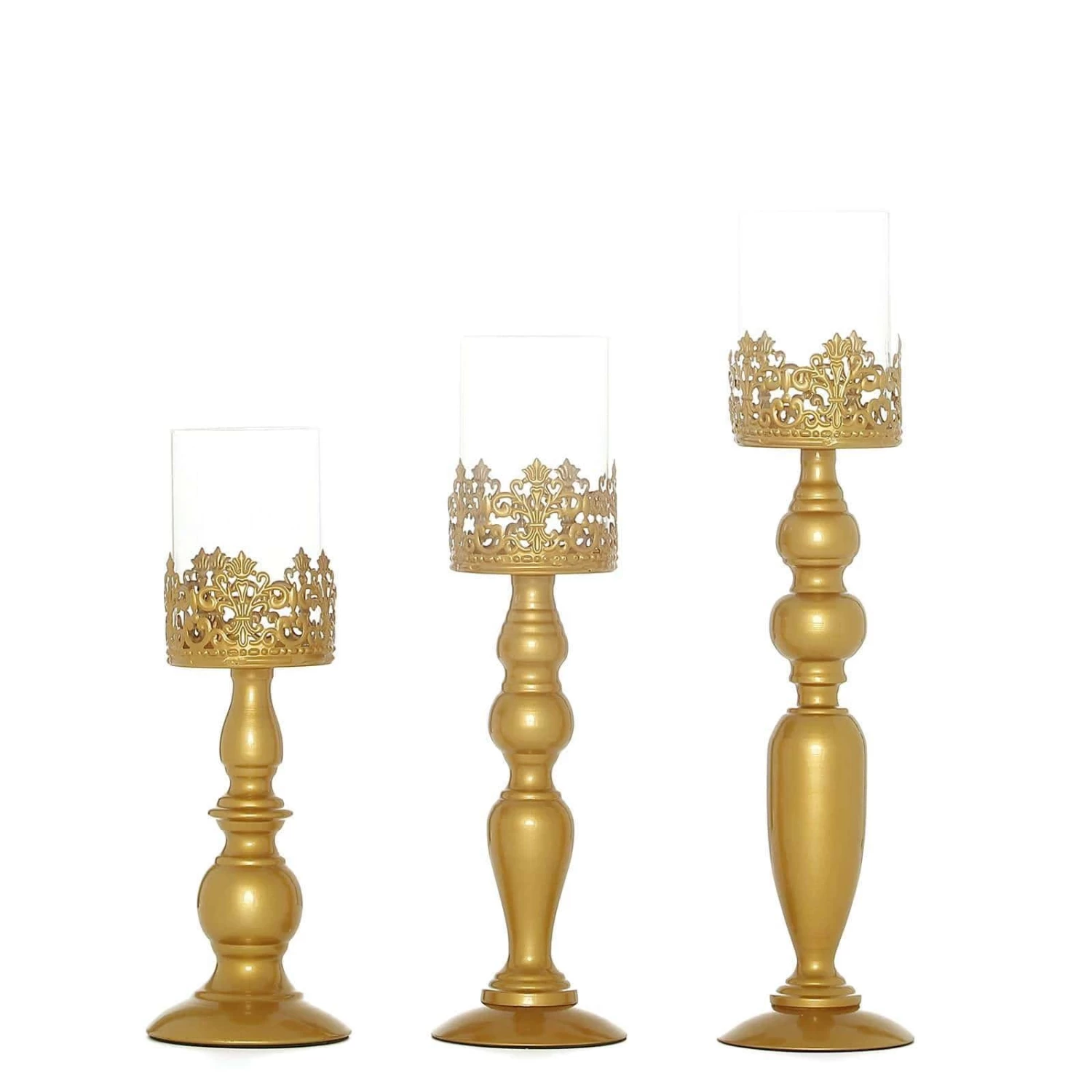 3 Gold 12 14 17 In Tall Metal With Lacy Trim Glass Candle Holders Centerpieces - Image 7