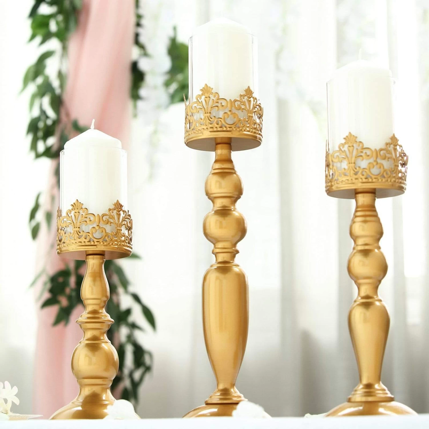 3 Gold 12 14 17 In Tall Metal With Lacy Trim Glass Candle Holders Centerpieces