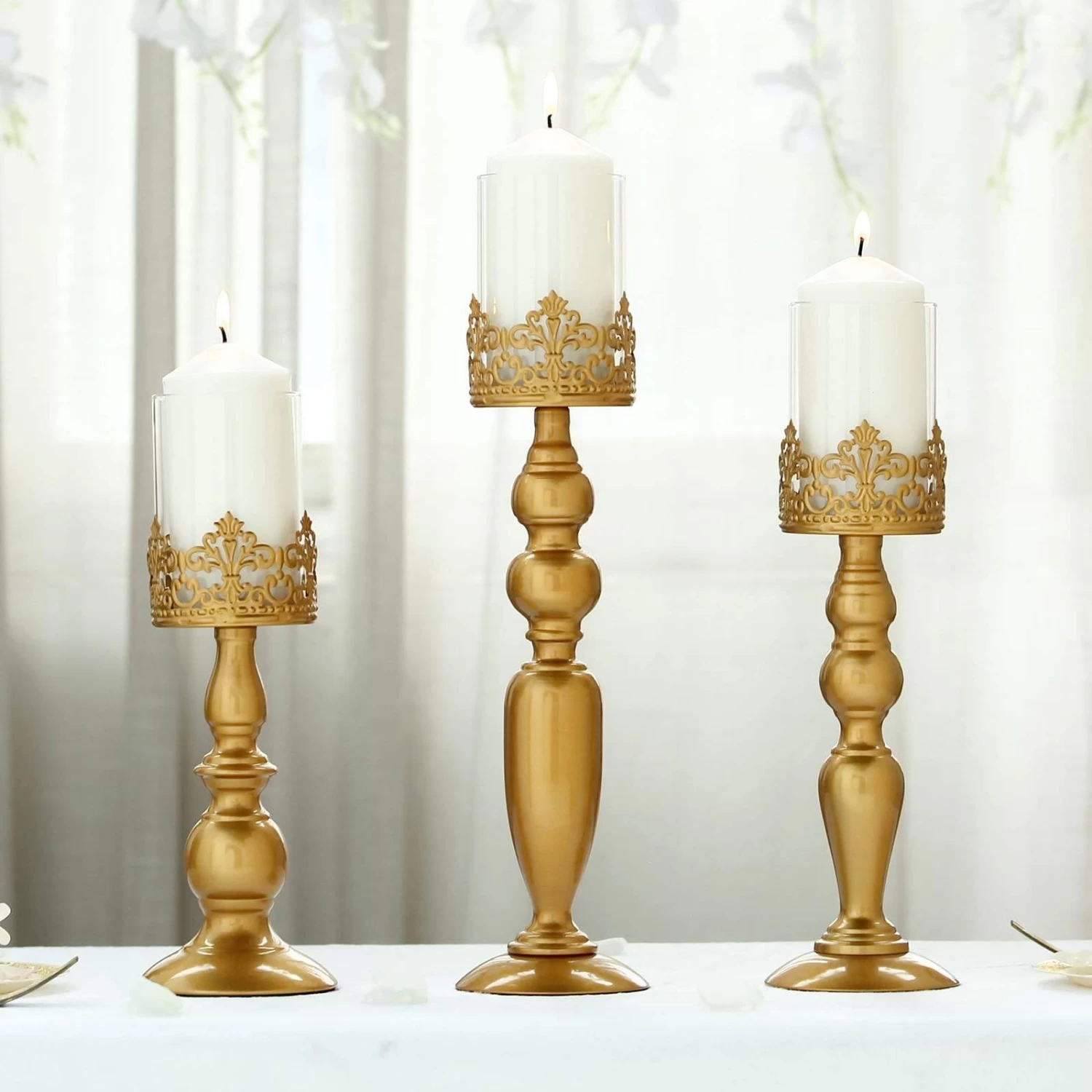 3 Gold 12 14 17 In Tall Metal With Lacy Trim Glass Candle Holders Centerpieces - Image 3