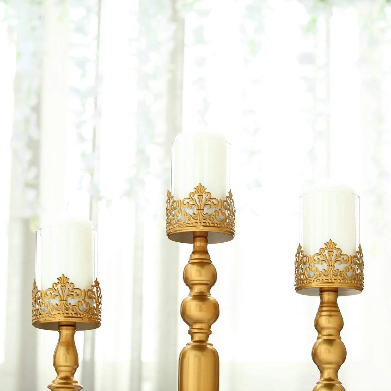 3 Gold 12 14 17 In Tall Metal With Lacy Trim Glass Candle Holders Centerpieces - Image 4
