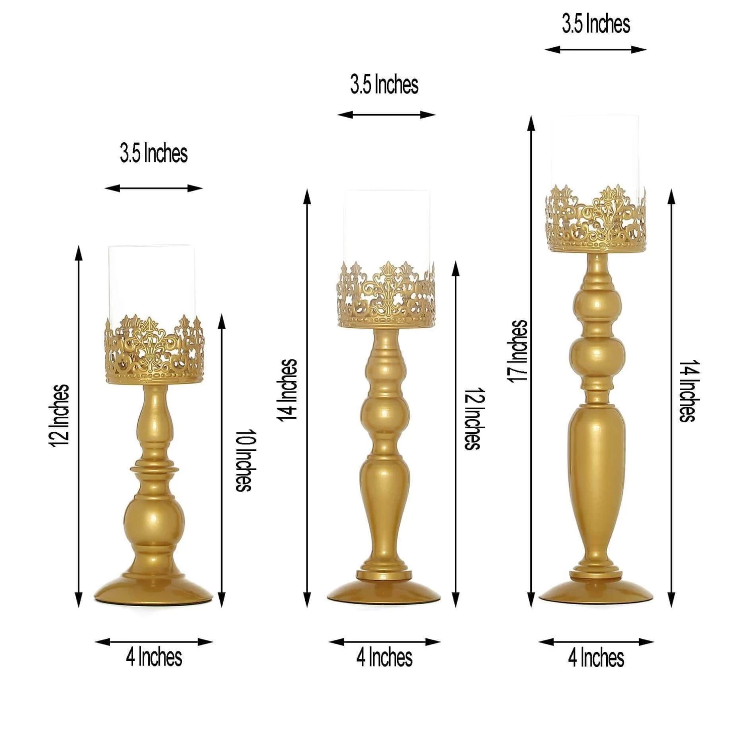 3 Gold 12 14 17 In Tall Metal With Lacy Trim Glass Candle Holders Centerpieces - Image 5