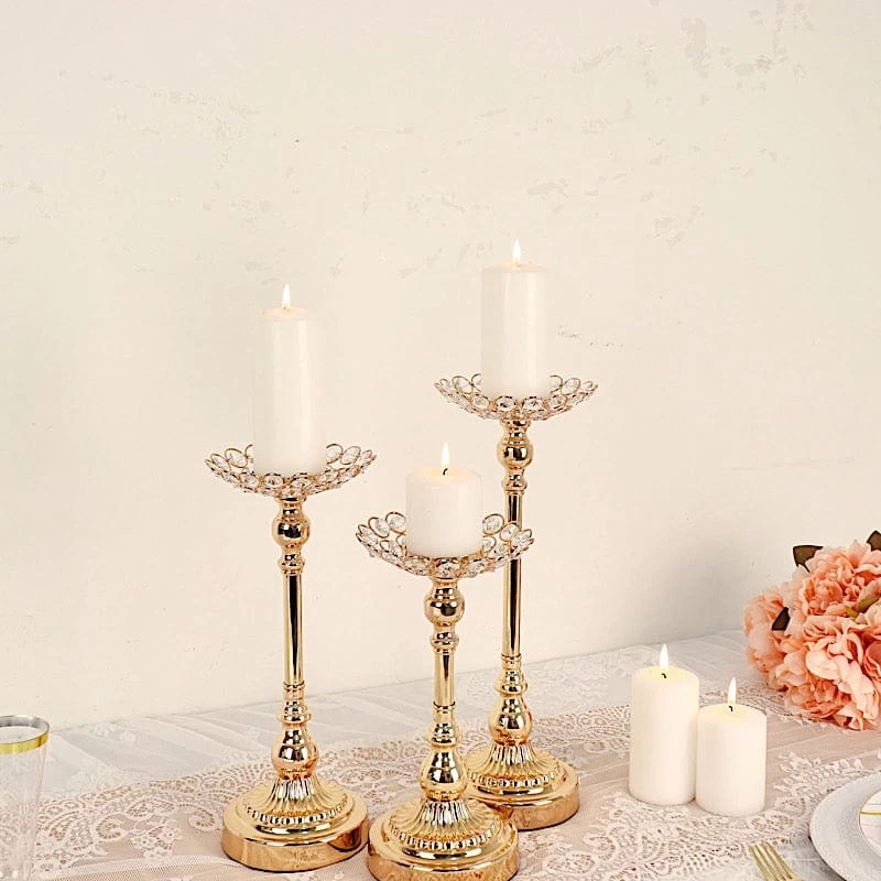 3 Gold Crystal Beaded Metal Votive Candle Holders Centerpieces Set - Image 2