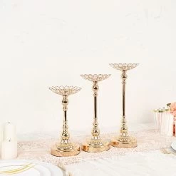 3 Gold Crystal Beaded Metal Votive Candle Holders Centerpieces Set