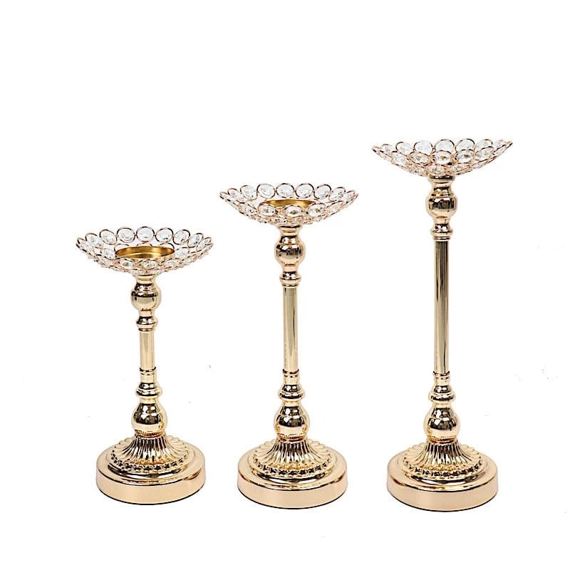 3 Gold Crystal Beaded Metal Votive Candle Holders Centerpieces Set - Image 8