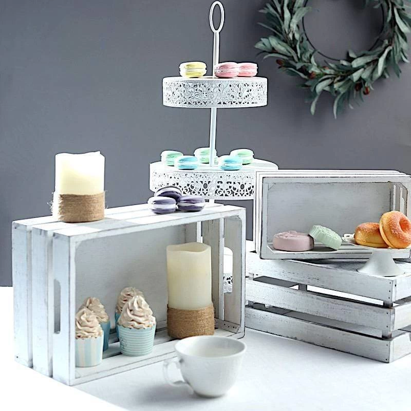 3 White Rectangular Natural Wooden Crate Boxes Planter Holders - Image 2