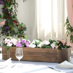 30x6 In Dark Brown Wood Rustic Rectangular Box Planter Holders Centerpieces