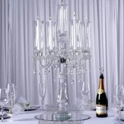 32 In Tall Clear 5 Arm Crystal Glass Candelabra Hurricane Taper Candle Holder