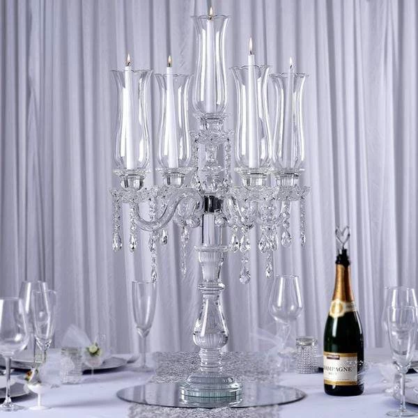 32 In Tall Clear 5 Arm Crystal Glass Candelabra Hurricane Taper Candle Holder