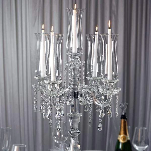 32 In Tall Clear 5 Arm Crystal Glass Candelabra Hurricane Taper Candle Holder - Image 3