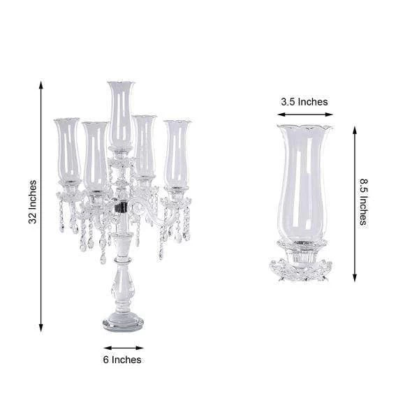 32 In Tall Clear 5 Arm Crystal Glass Candelabra Hurricane Taper Candle Holder - Image 5