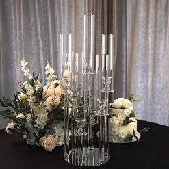 33 In Tall Clear 7 Arm Crystal Glass Candelabra Pillar Votive Candle Holder
