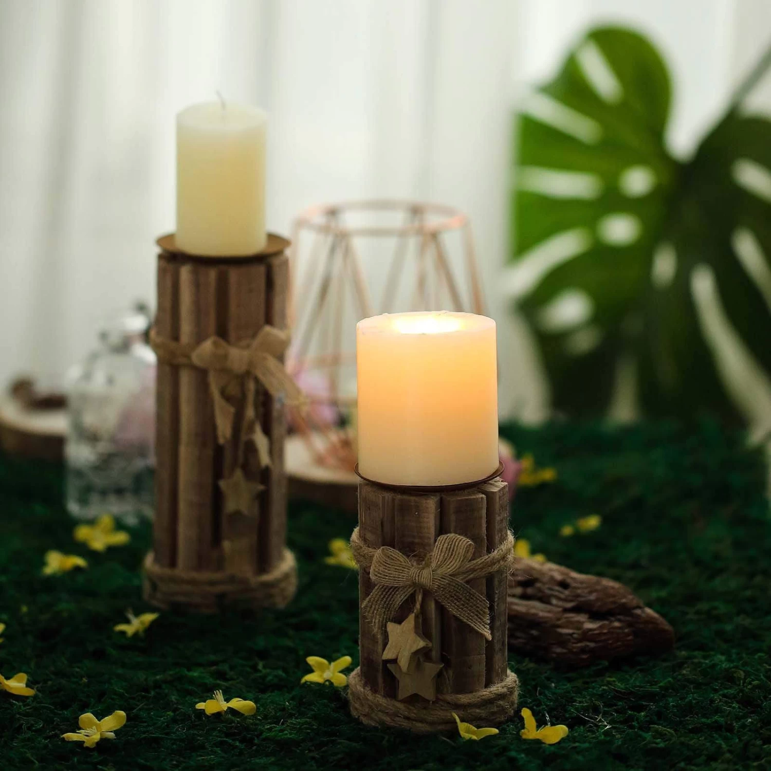 4 Natural Assorted Wood Candle Holders With String Ribbons And Stars