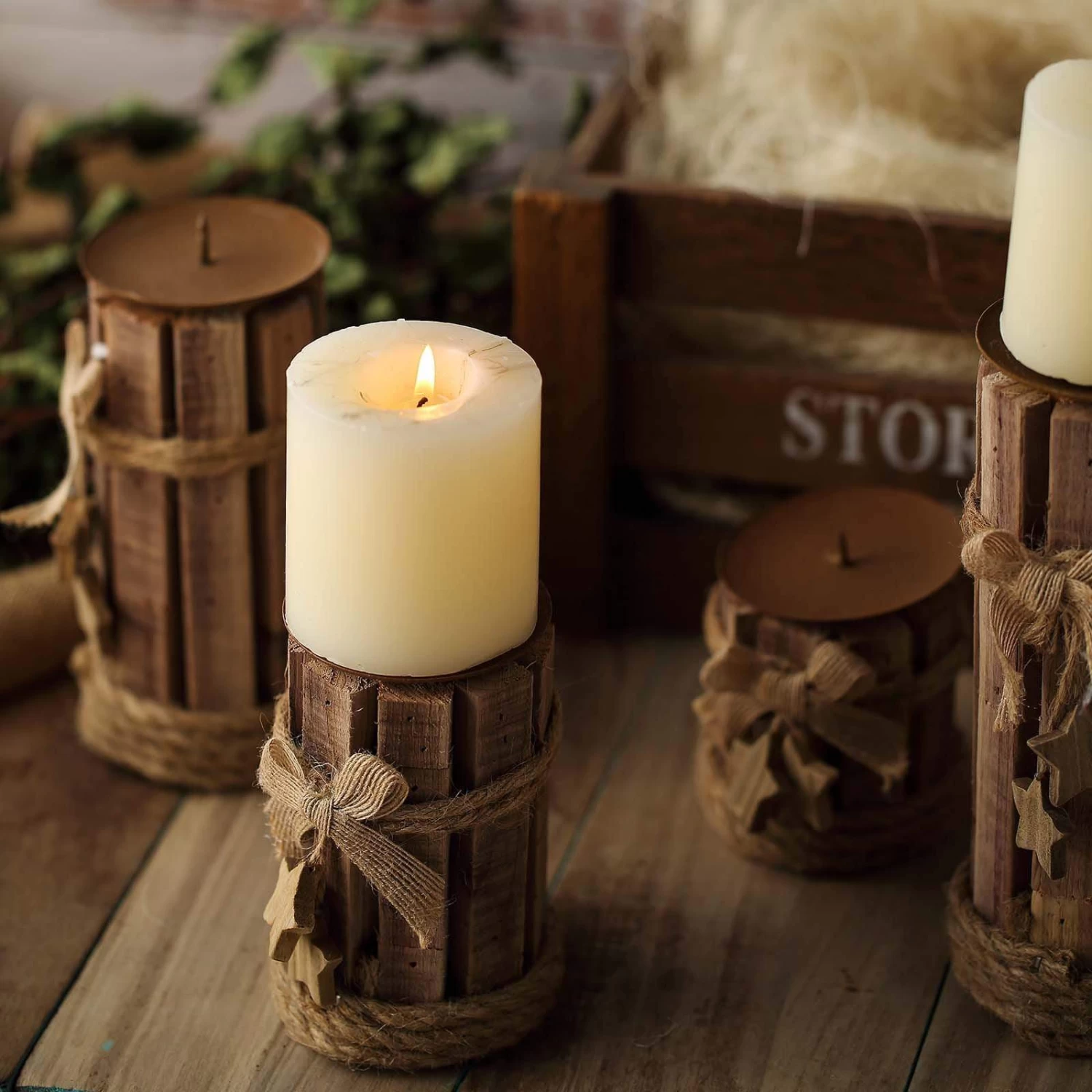 4 Natural Assorted Wood Candle Holders With String Ribbons And Stars - Image 3