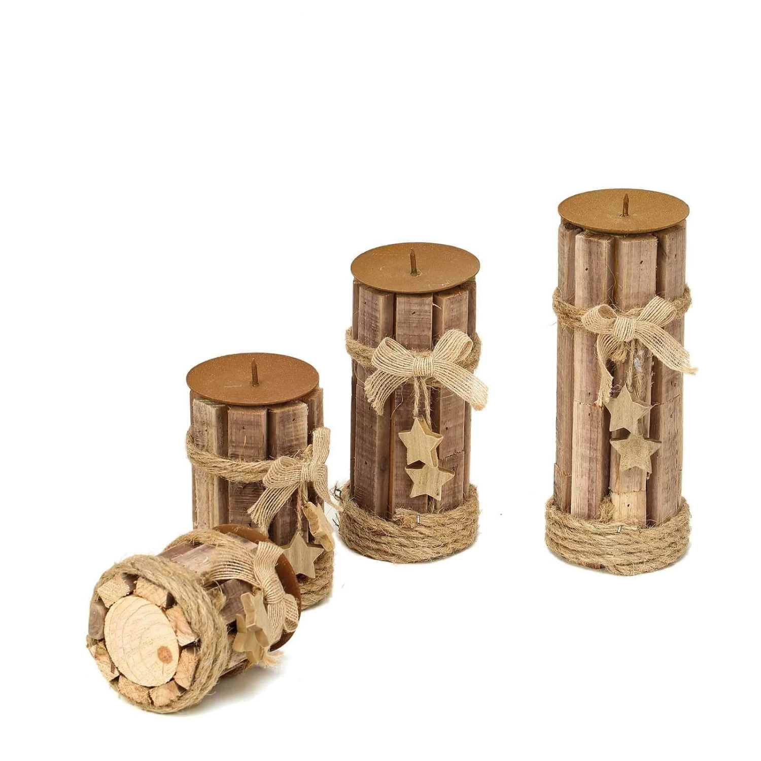 4 Natural Assorted Wood Candle Holders With String Ribbons And Stars - Image 6