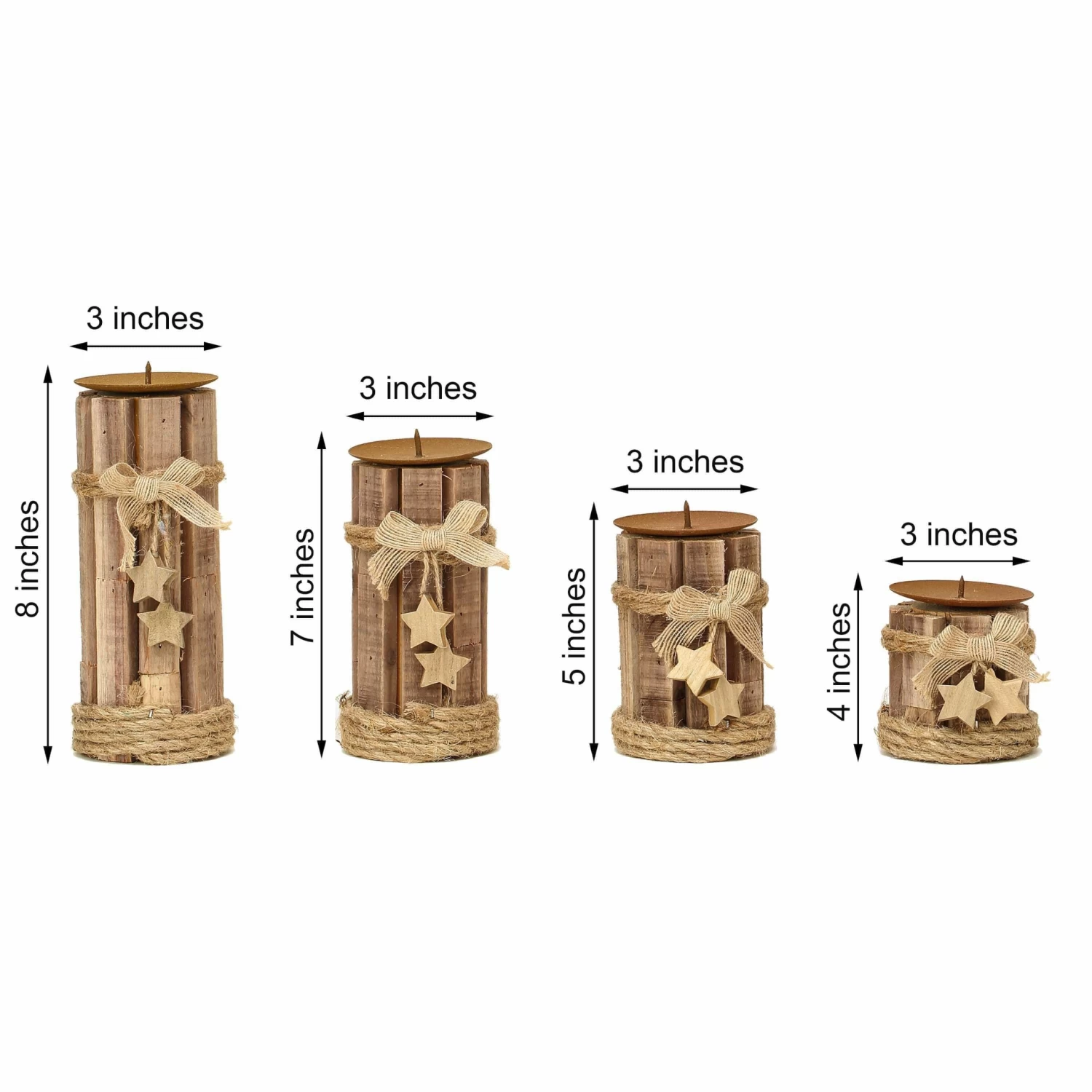 4 Natural Assorted Wood Candle Holders With String Ribbons And Stars - Image 7