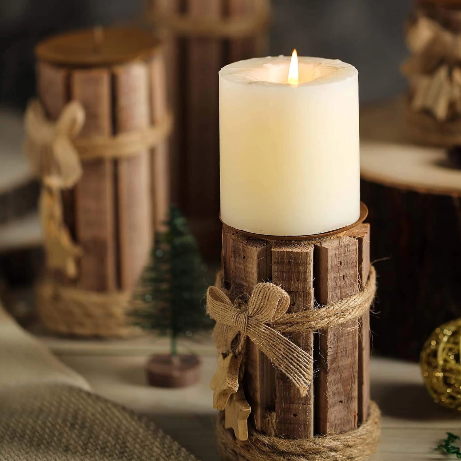 4 Natural Assorted Wood Candle Holders With String Ribbons And Stars - Image 4