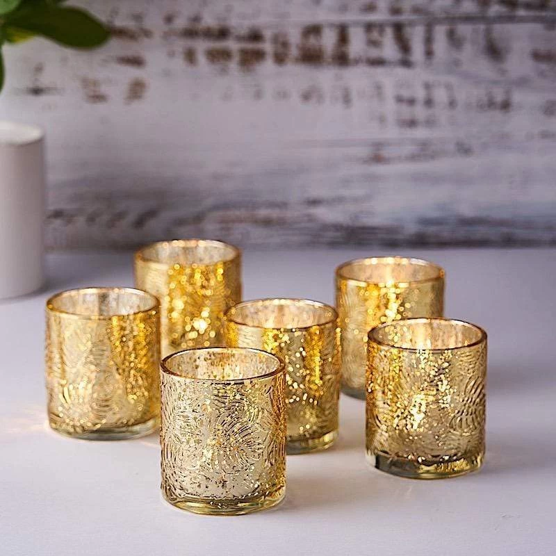 6 Pcs 3" Metallic Leaves Design Mercury Glass Votive Candle Holders - Image 2