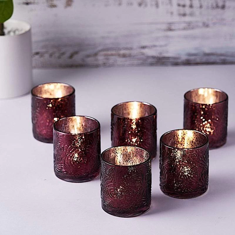 6 Pcs 3" Metallic Leaves Design Mercury Glass Votive Candle Holders - Image 10