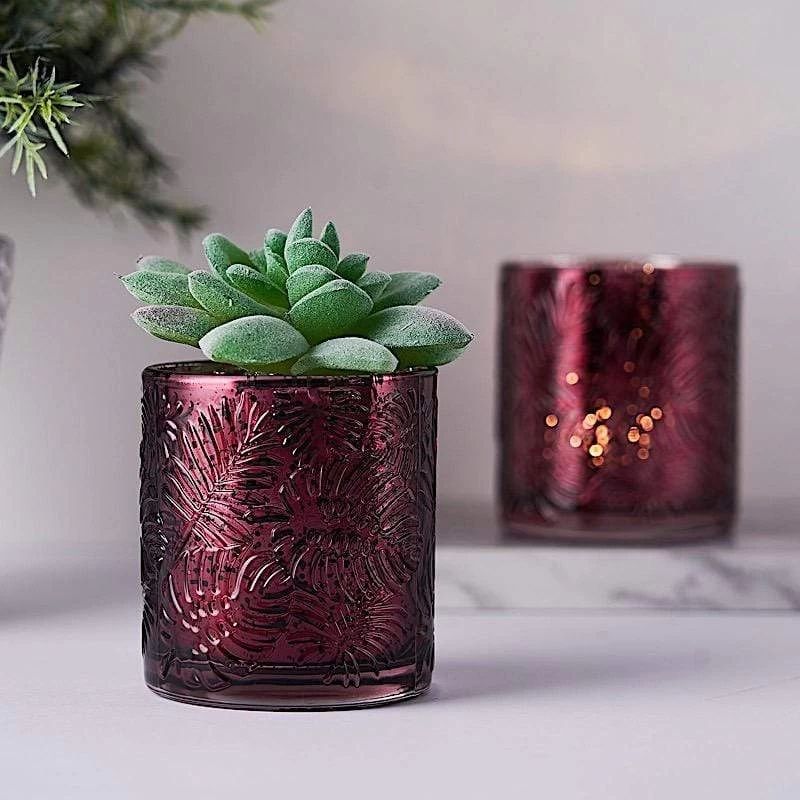 6 Pcs 3" Metallic Leaves Design Mercury Glass Votive Candle Holders - Image 12