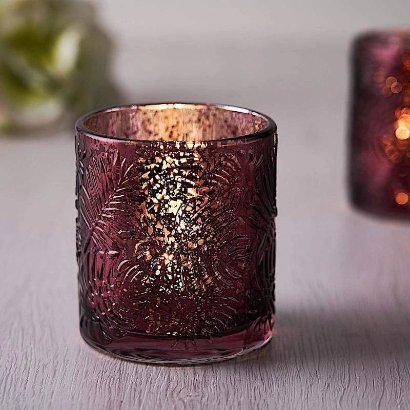 6 Pcs 3" Metallic Leaves Design Mercury Glass Votive Candle Holders - Image 9