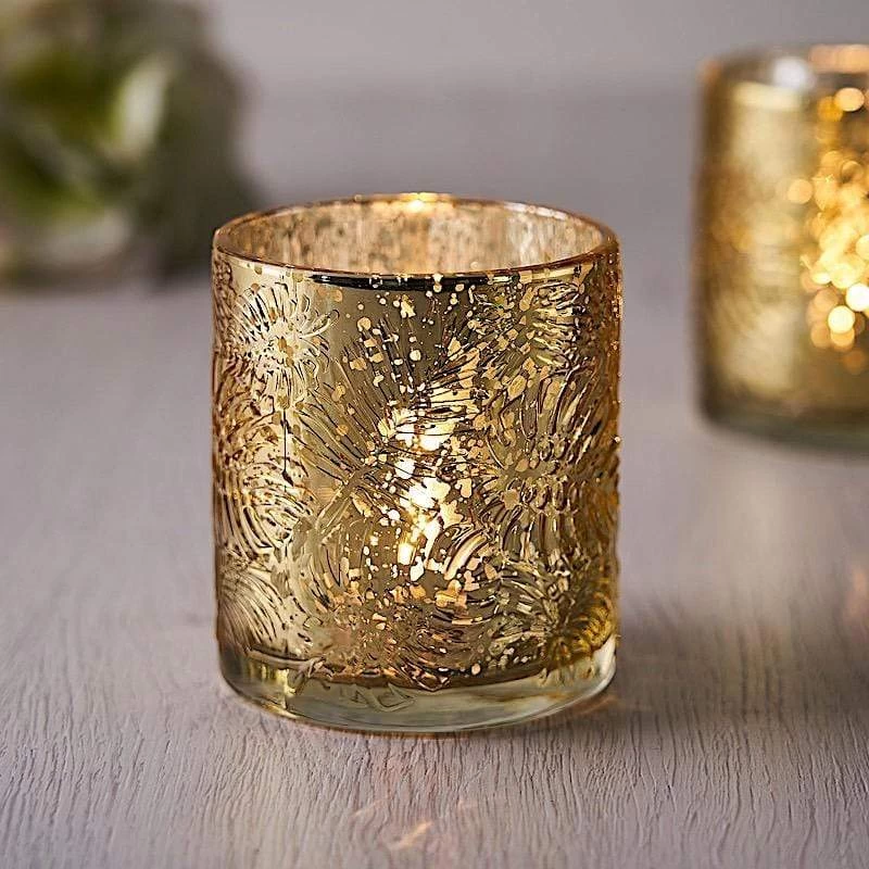 6 Pcs 3" Metallic Leaves Design Mercury Glass Votive Candle Holders