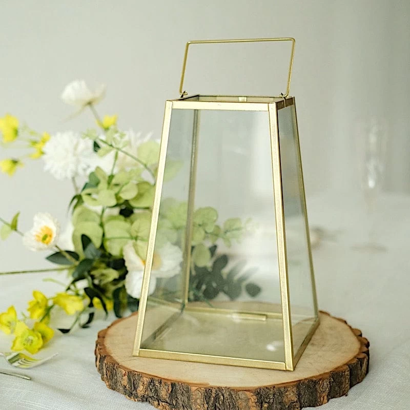 Gold With Clear 10 In Glass Geometric Metal Lantern Candle Holder