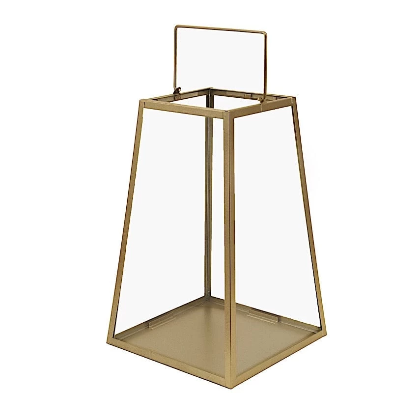 Gold With Clear 10 In Glass Geometric Metal Lantern Candle Holder - Image 9