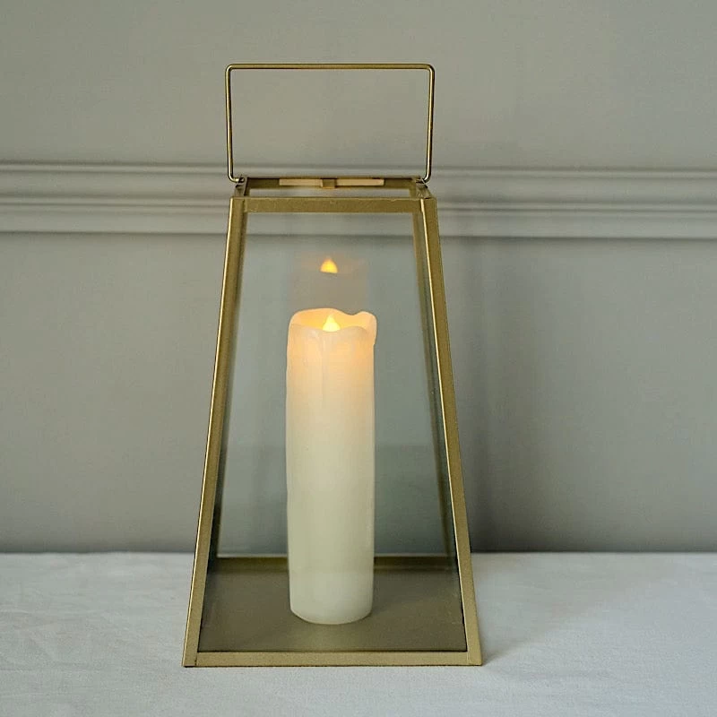 Gold With Clear 10 In Glass Geometric Metal Lantern Candle Holder - Image 3