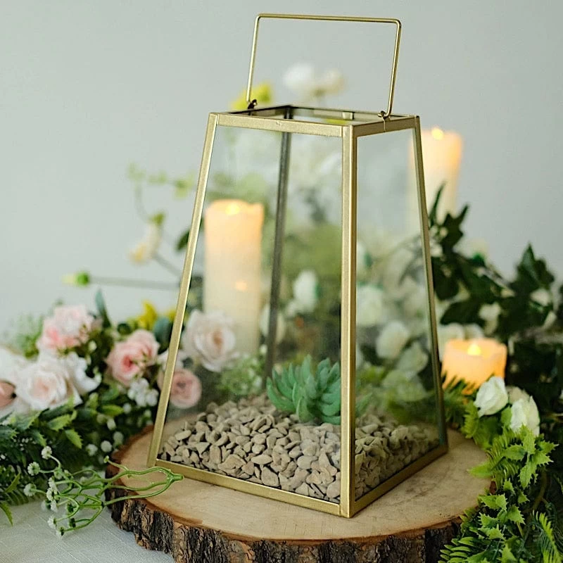Gold With Clear 10 In Glass Geometric Metal Lantern Candle Holder - Image 2