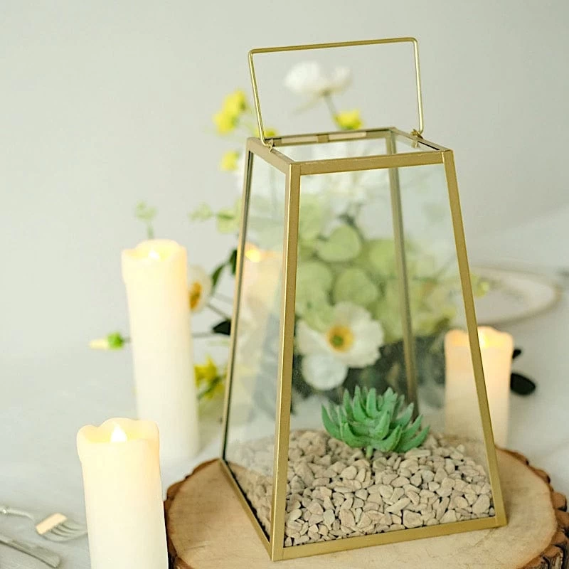 Gold With Clear 10 In Glass Geometric Metal Lantern Candle Holder - Image 7