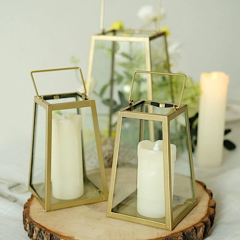 Gold With Clear 10 In Glass Geometric Metal Lantern Candle Holder - Image 5