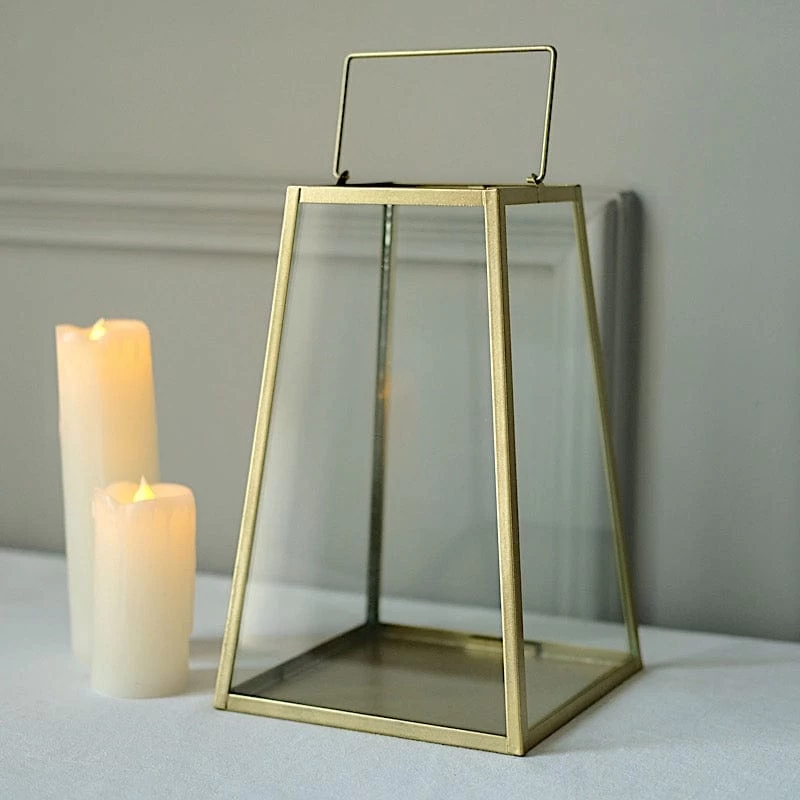 Gold With Clear 10 In Glass Geometric Metal Lantern Candle Holder - Image 8