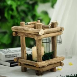 Natural 12 In Tall Wood Candle Holder Lantern With Rope Handle Centerpiece