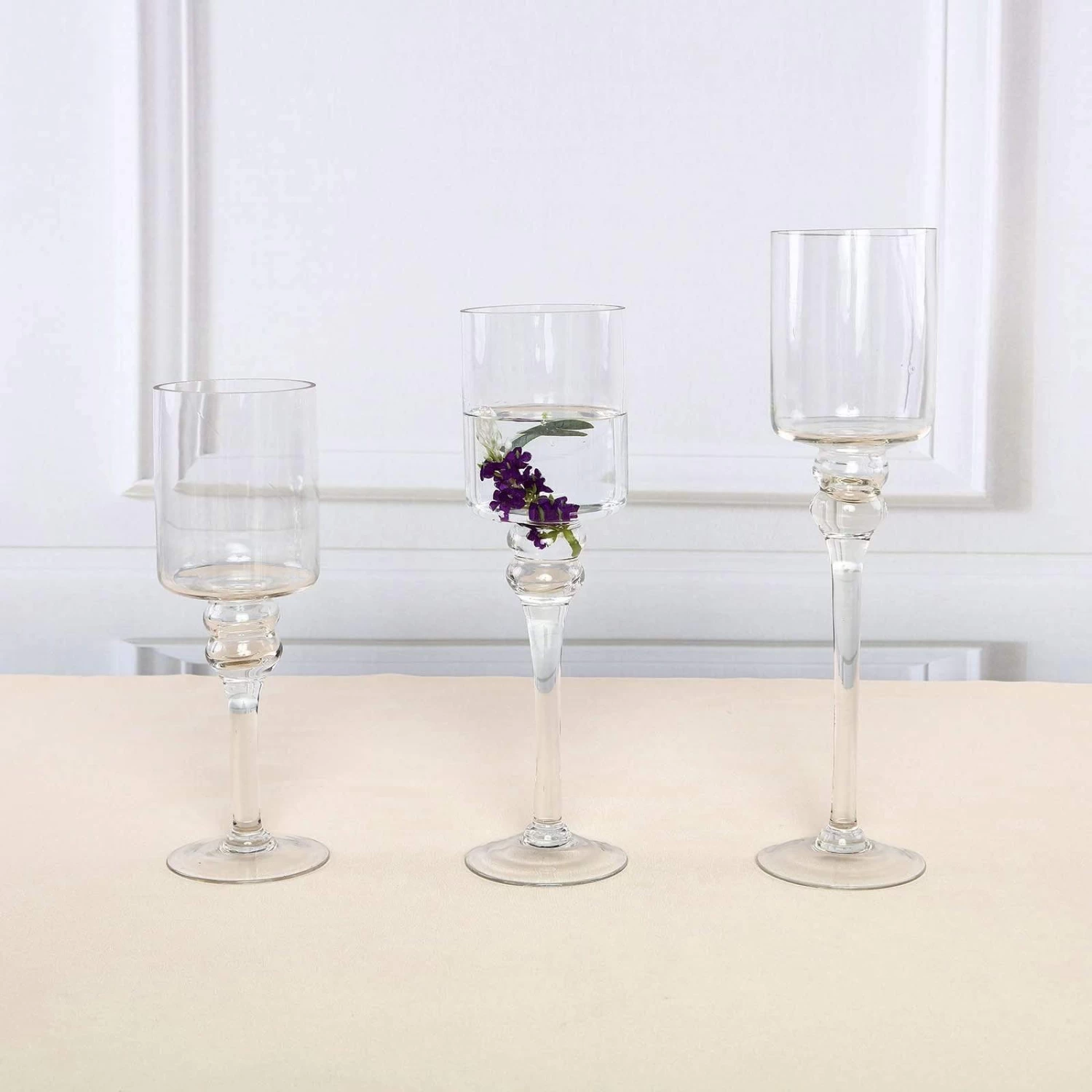 Set Of 3 Raised Cylinder Clear Glass Vases Centerpieces And Candle Holders
