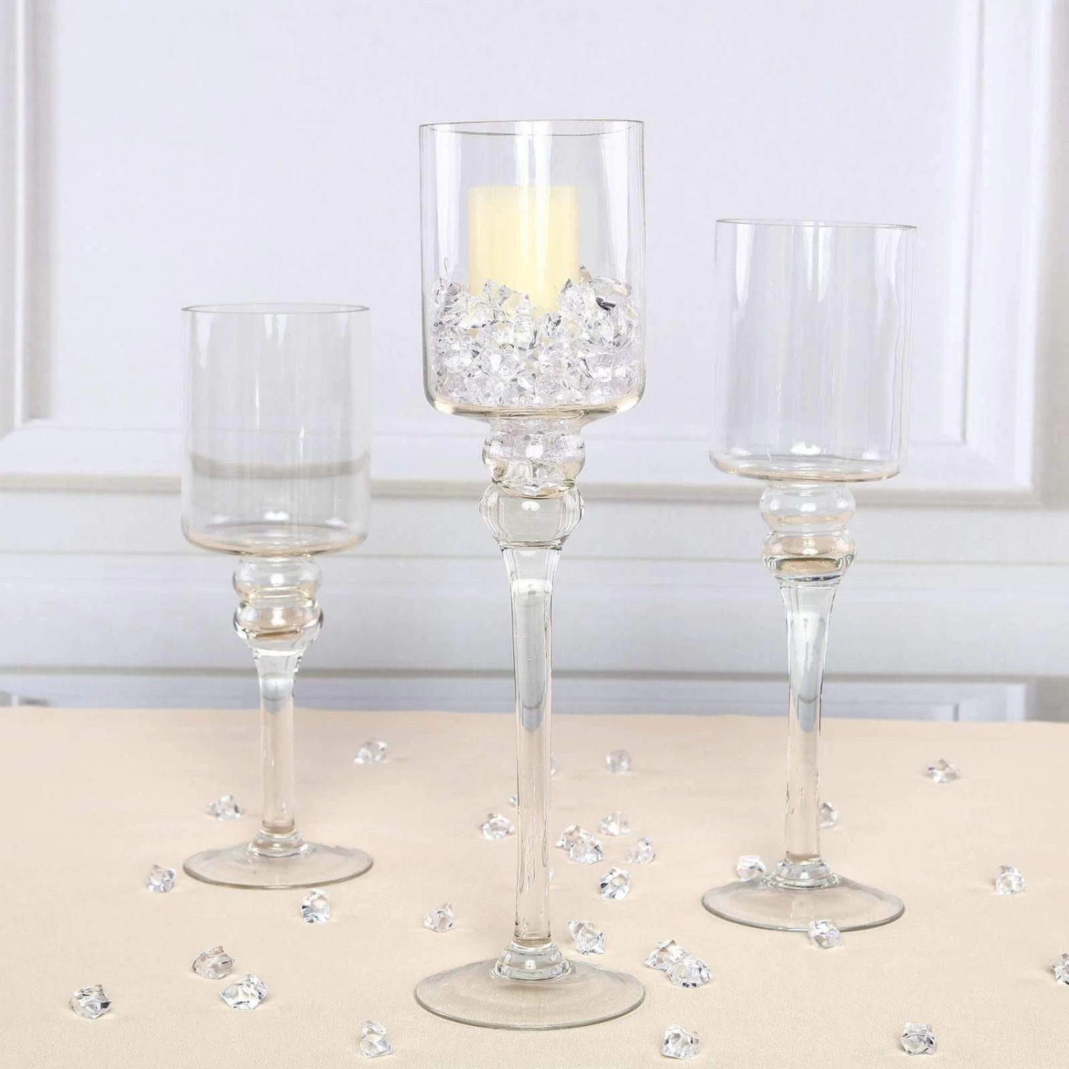 Set Of 3 Raised Cylinder Clear Glass Vases Centerpieces And Candle Holders - Image 2