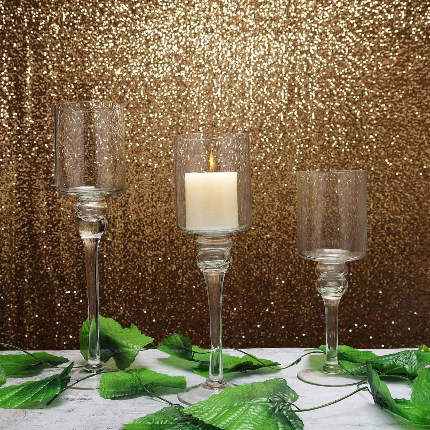 Set Of 3 Raised Cylinder Clear Glass Vases Centerpieces And Candle Holders - Image 4