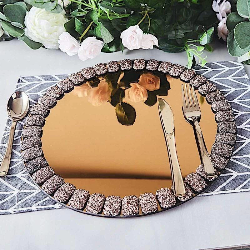 2 Pcs 13 In Round Mirror Glass Charger Plates With Glitter Crystals Trim - Image 6