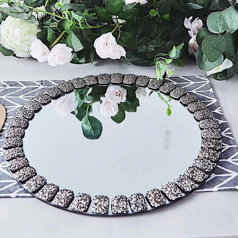 2 Pcs 13 In Round Mirror Glass Charger Plates With Glitter Crystals Trim - Image 10