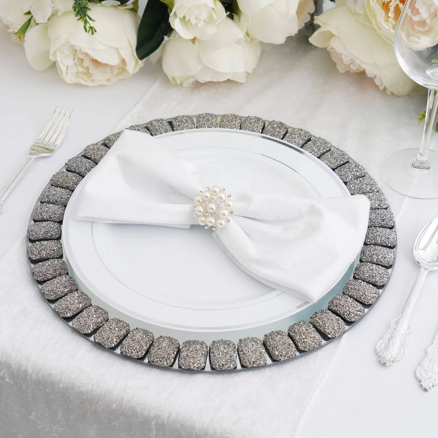 2 Pcs 13 In Round Mirror Glass Charger Plates With Glitter Crystals Trim - Image 11