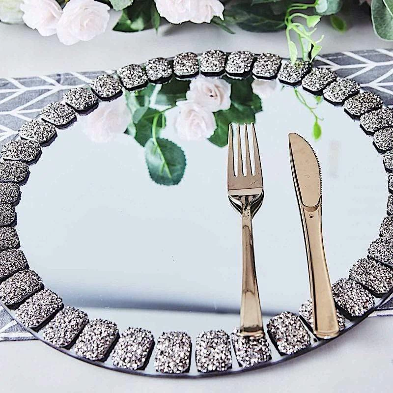 2 Pcs 13 In Round Mirror Glass Charger Plates With Glitter Crystals Trim - Image 12