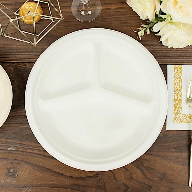 50 White 10 In Round 3 Compartment Sustainable Bagasse Disposable Dinner Plates - Image 2