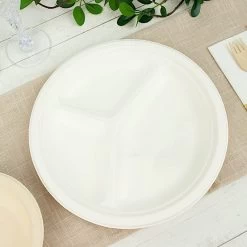50 White 10 In Round 3 Compartment Sustainable Bagasse Disposable Dinner Plates