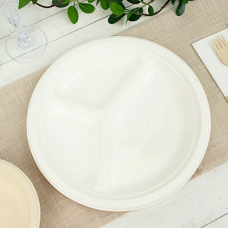 50 White 10 In Round 3 Compartment Sustainable Bagasse Disposable Dinner Plates