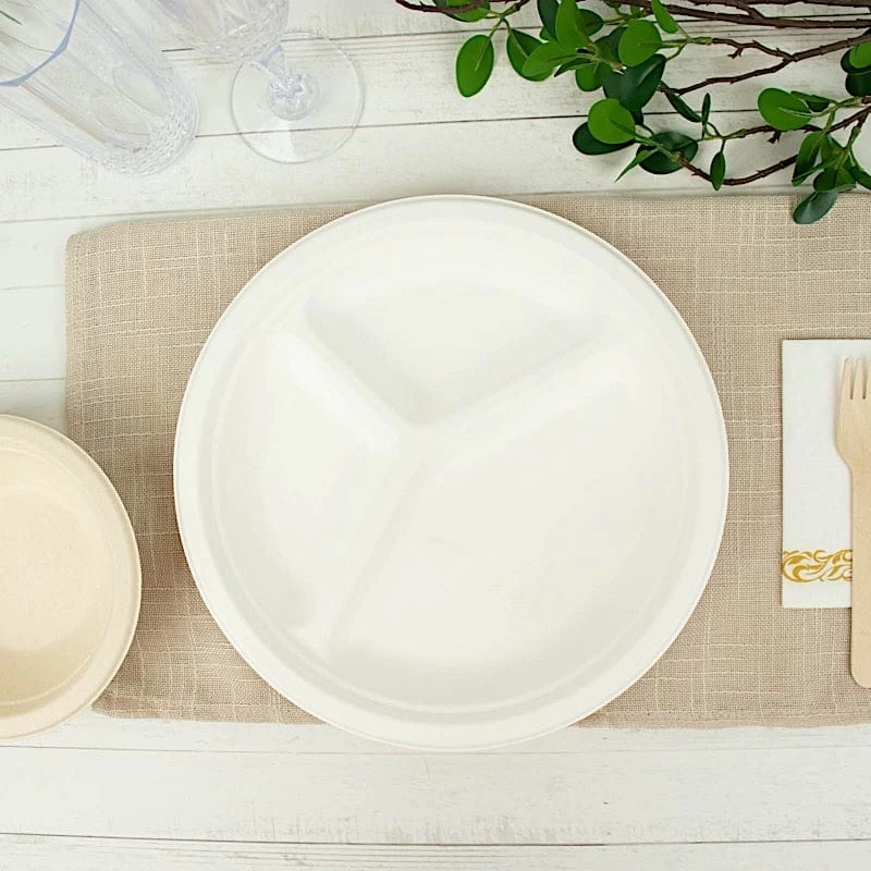 50 White 10 In Round 3 Compartment Sustainable Bagasse Disposable Dinner Plates - Image 6